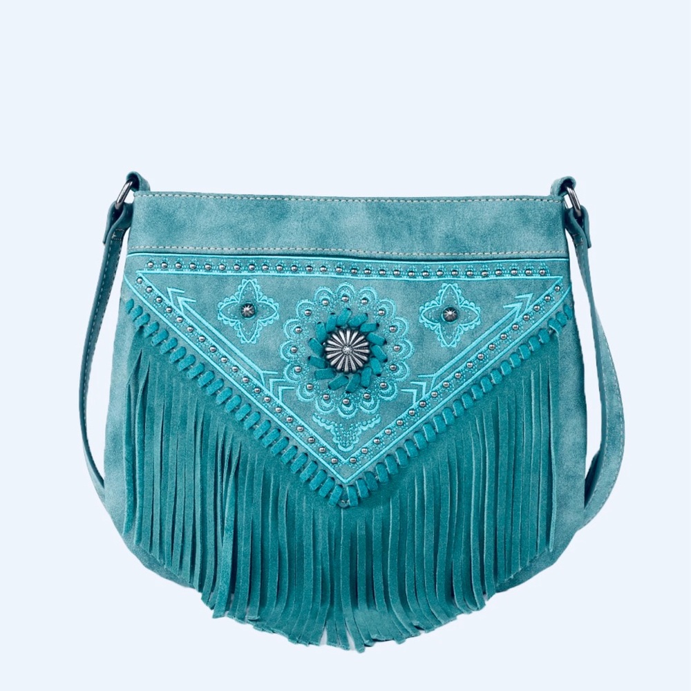 Montana West concho floral fringe crossbody bag in turquoise.